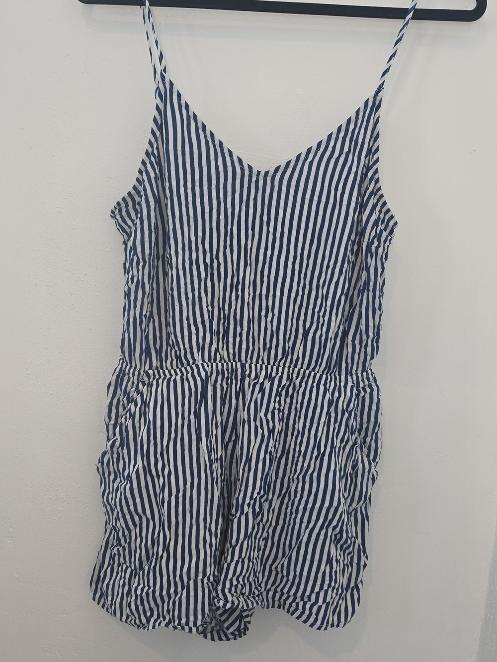 Striped Navy BlueWhite Adjustable Spaghetti Strap Romper Stretch Waistband Large